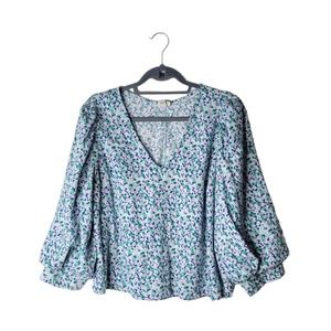 a new day Floral V-Neck Blouse - Blue and Green